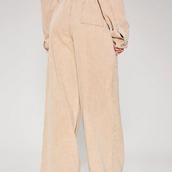 Khaki Casual Women's Tie Waist Wide Leg Washed Denim Trousers pants - Picture 4 of 6